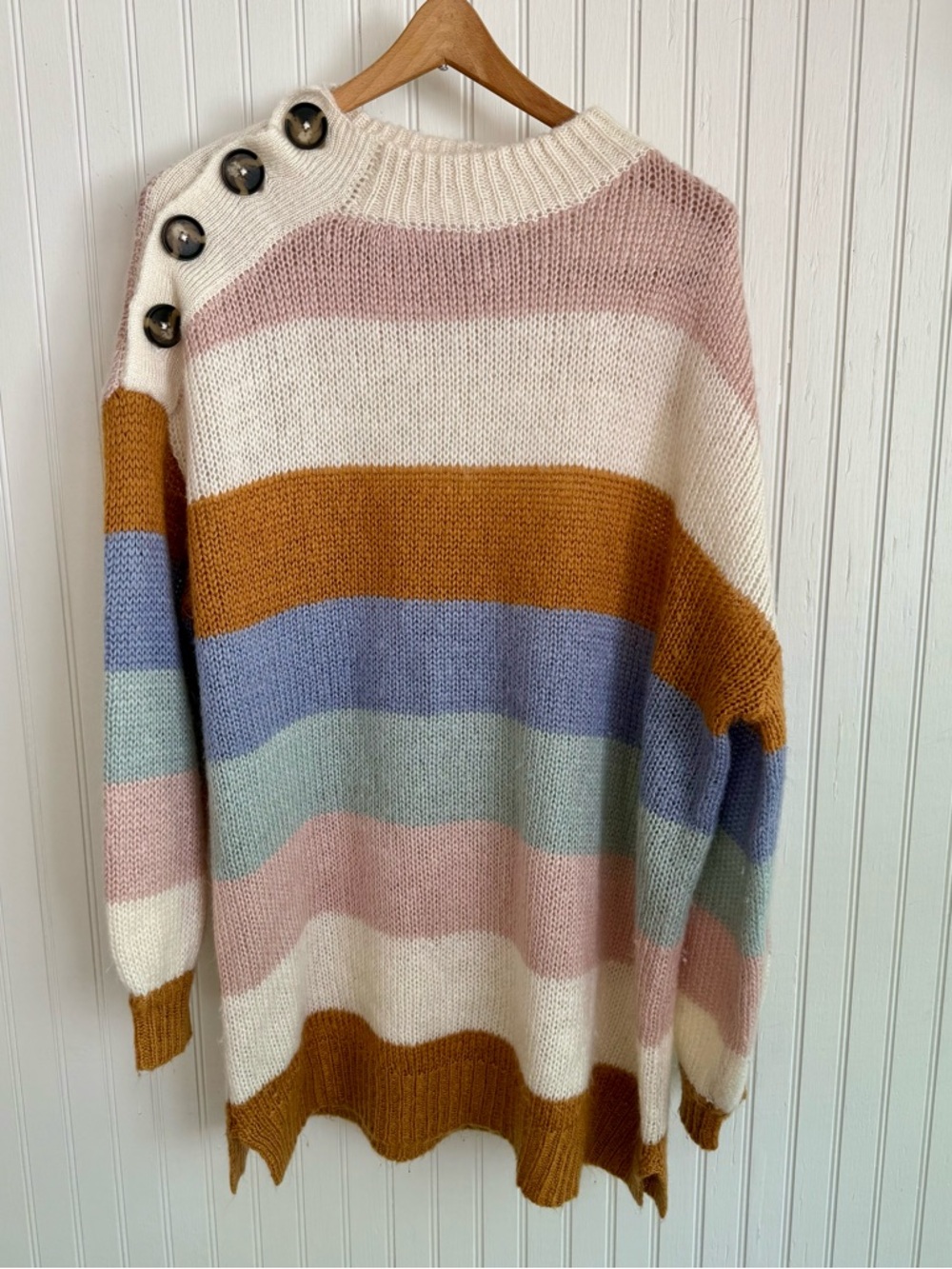 American Rag Button-Shoulder Sweater in Cream, Pink, Mustard & Blue